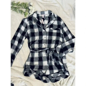 New VICTORIAS SECRET Black White PLAID FLANNEL TIE ROMPER 1 PC PAJAMAS - SIZE L